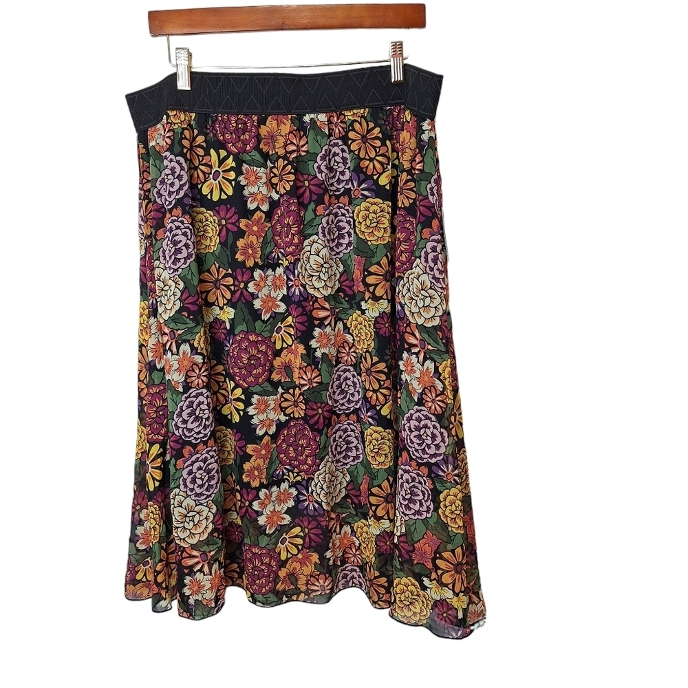 LuLaRoe Womens Lola Pull On Lined Midi Skirt 3XL‎ Black Purple Green Floral New